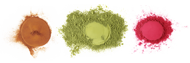 Set colorful powder circle, cinnamon, matcha and acai, isolated on white, top view, clipping path	