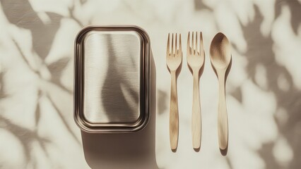 Stylish Stainless Steel Lunchbox with Wooden Utensils on Table