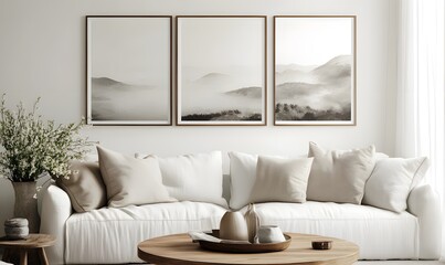 Living room with sofa pillows framed art wood table and plant decor.
