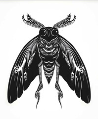 vector line art illustration featuring the cryptid mothman that looks like a huge dark moth with a human body and big eyes black lines on a white background.j