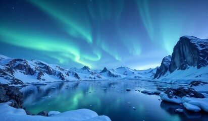 Majestic Northern Lights illuminating snowy mountain landscape  
