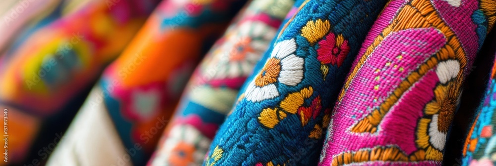 Aufkleber exploring vibrant floral and geometric textile patterns with high saturation in a colorful macro sho