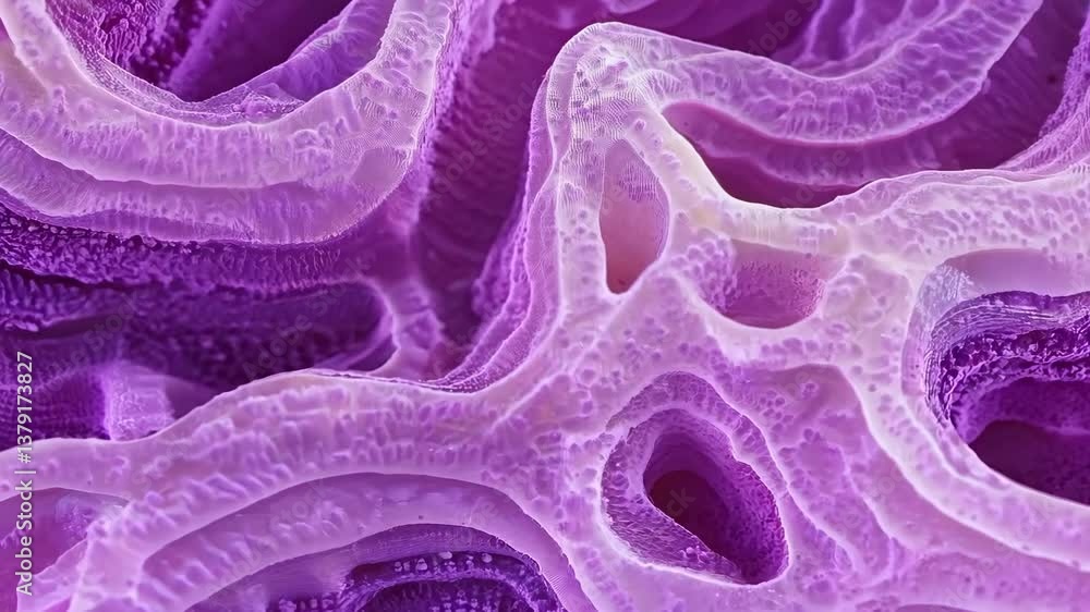 Poster close-up of a purple coral texture, showing intricate patterns and porous structure. mineral texture