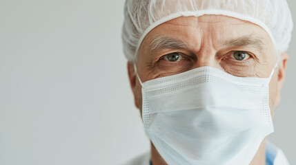 A senior doctor wearing a medical mask looks into the camera, conveying confidence and professionalism.