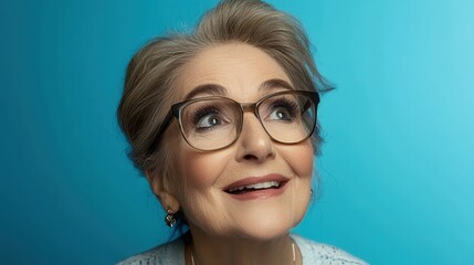 An elderly woman exhibits a joyful expression, gazing upwards. Her stylish glasses complement her gray hair and bright blue backdrop, adding to the cheerful atmosphere