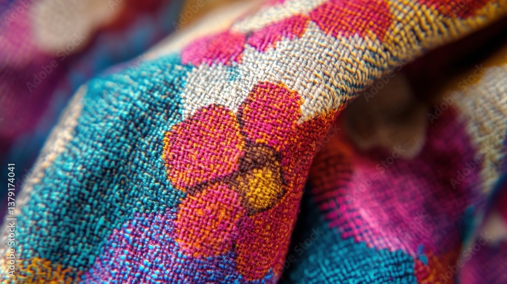 Poster vibrant macro shot of colorful fabric patterns featuring intricate floral and geometric textures in 