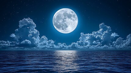 Full moon over a tranquil sea at night