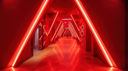 Futuristic hallway featuring vibrant red neon lights with sharp triangular shapes, creating a striking and modern atmosphere.