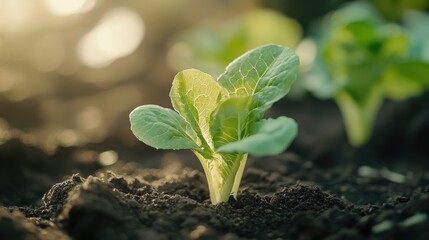 Growing fresh lettuce in organic soil vegetable garden photograph outdoor close-up sustainable gardening.