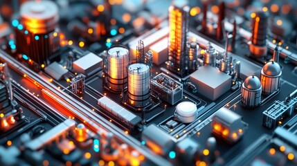 Industrial cityscape model urban environment 3d render vibrant colors aerial view modern manufacturing concept.