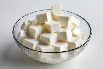 Fresh paneer cubes in glass bowl indian cheese healthy vegetarian food recipe ingredient close up macro shot