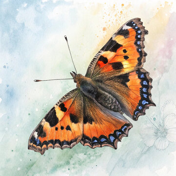 Watercolor illustration of a butterfly with vivid orange, black, and blue wing patterns on a soft pastel background. The delicate and realistic details convey the beauty of nature and a sense of fligh