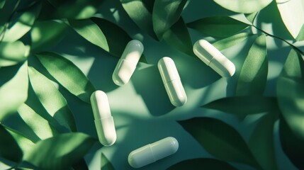 Natural health remedies exploring white capsules on green leaves in a minimalist environment.
