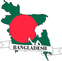 The map of Bangladesh overlaid with the Bangladeshi flag and its name written on a ribbon
