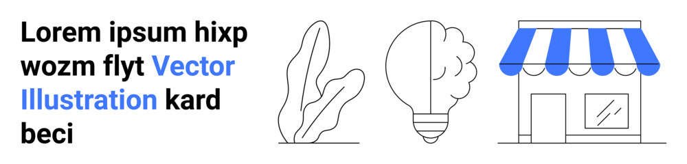 Storefront with blue awning, plant, and light bulb. Ideal for innovation, sustainability, retail, small business, eco-friendly practices, growth simple landing page