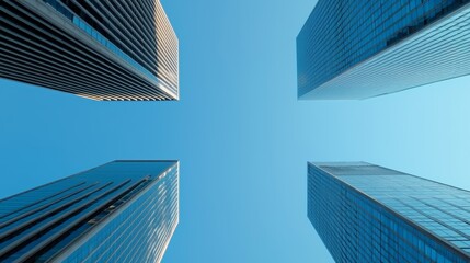 Tall Modern Buildings Against Clear Blue Sky in Urban Environment with Unique Perspectives
