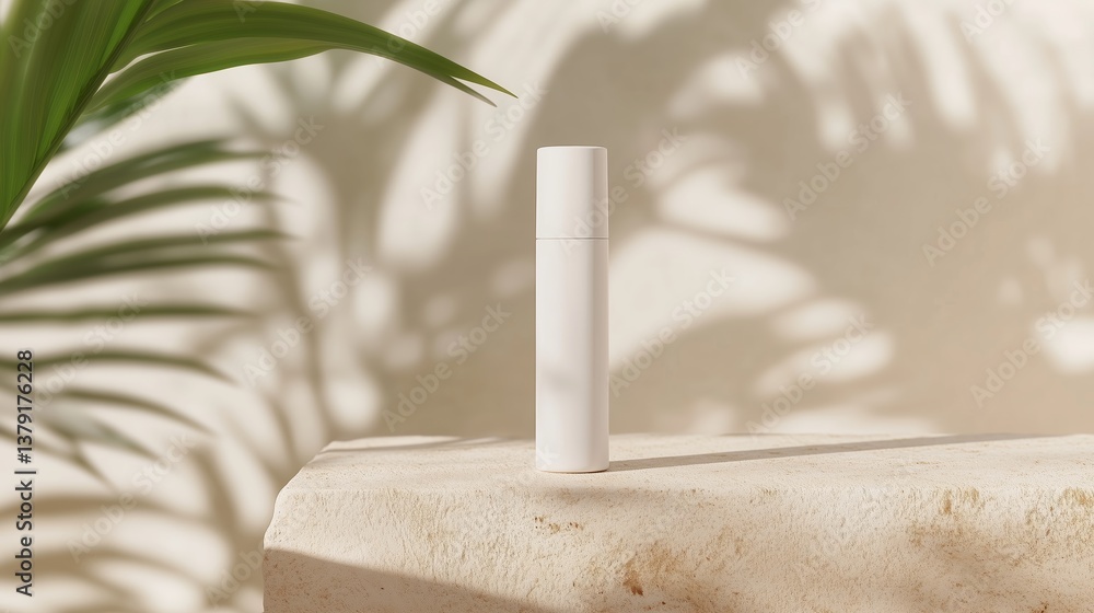 Poster elegant white spray bottle positioned on a textured stone surface with soft palm shadows in a sunlit