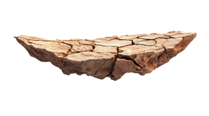 Floating cracked earth piece isolated on white. Abstract concept for environmental themes, desert landscape, and climate issues.