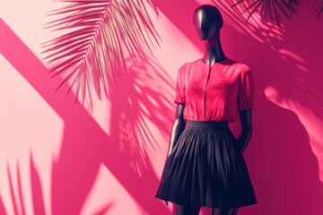 Fototapeta premium Mannequin showcasing summer fashion in a vibrant pink room with abstract decor and pronounced shadows