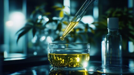 Research action of cannabinoid extraction in a laboratory scientific experiment controlled environment macro view.