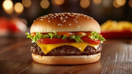 Sizzling burger delight fast food restaurant food photography vibrant environment close-up view culinary experience.