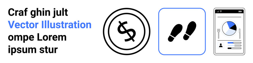 Dollar icon, footsteps symbol, and smartphone screen with pie chart represent finance, tracking, and data analysis. Ideal for economics, business strategy, progress, mobile apps investment metrics