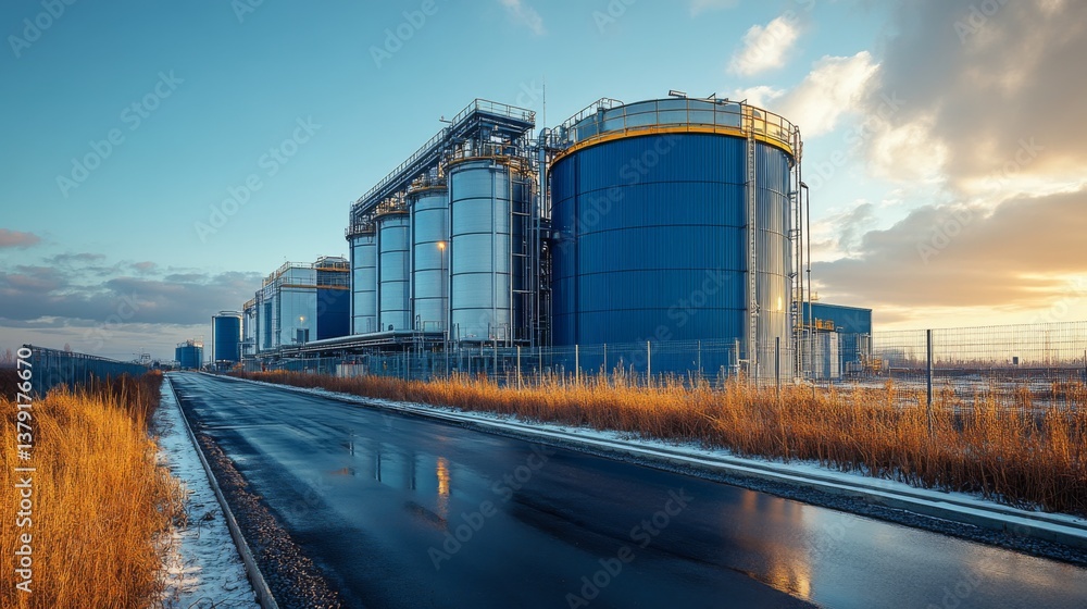 Aufkleber large silos and energy generation facilities stand beside a quiet road at sunrise, showcasing advanc