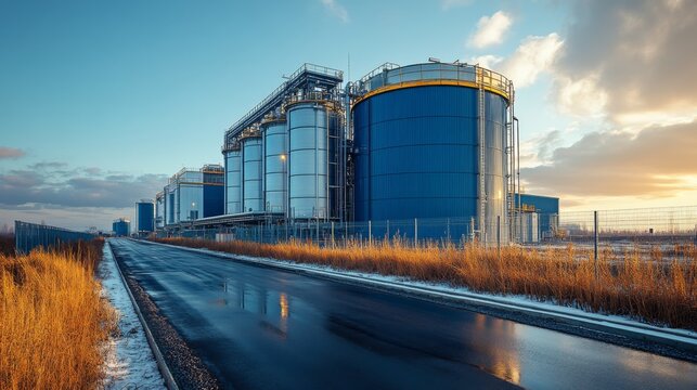 Large silos and energy generation facilities stand beside a quiet road at sunrise, showcasing advanced infrastructure for efficient power production and resource management in the mining sector.
