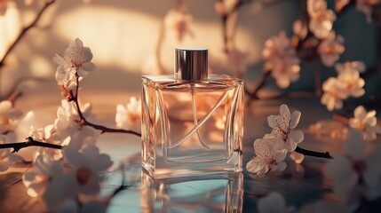Valentine gift romantic personalized concept. Elegant perfume bottle display romantic setting product photography soft lighting luxury concept.