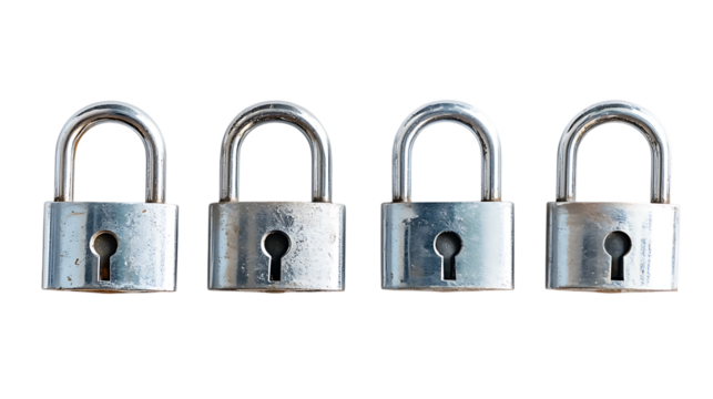 Four silver padlocks, isolated on white. Symbol of security and protection. Metal locks representing safety, access control, and privacy.