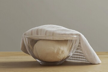 Freshly made dough rising gently in a glass bowl, covered with a cloth to keep warm