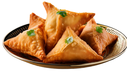 Close-up image of wooden tray lined with greaseproof parchment paper full of fried samosas, stuffed with spiced potato, peas and meat, mint and green chilli garnish, grey background, elevated view