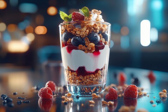 Layering a parfait with yogurt, granola, and fresh berries