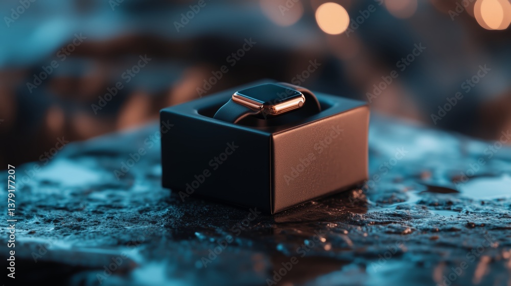Poster elegant smartwatch displayed in a sleek black box on a textured surface with soft lighting in the ba