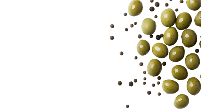 Fresh green olives with peppercorns on a white background. A Mediterranean ingredient perfect for healthy eating, cooking, and nutrition themes.
