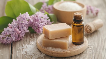 Natural soap and essential oil display with lilac flowers and sea salt on wooden background