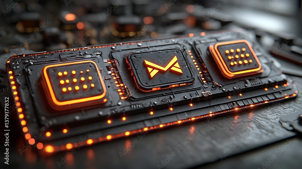 Poster futuristic circuit board with illuminated buttons