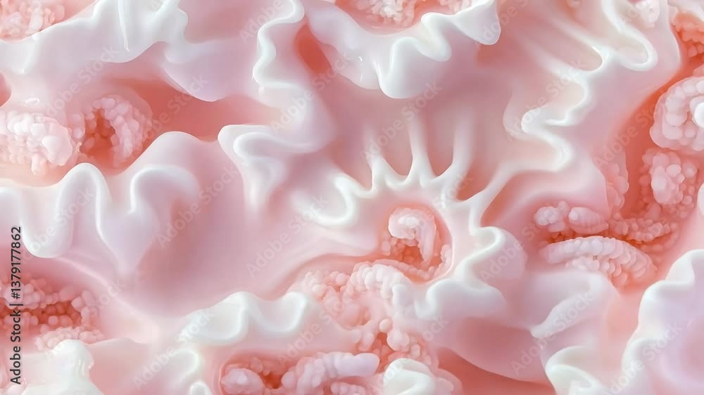 Poster a close-up view of a textured surface resembling soft, flowing waves in shades of pink and white, cr
