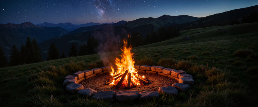 Bonfire ritual in stone circle under starry sky, peaceful gathering
