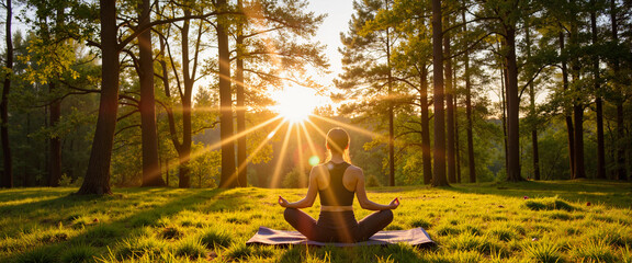 Serene woman meditating in forest at sunrise, personal tranquility