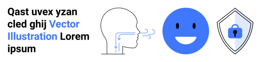 Human head with airflow arrows, blue happy face, and shield with lock represent health, happiness, and safety. Ideal for healthcare, wellness, mental health, protection breathing security flat