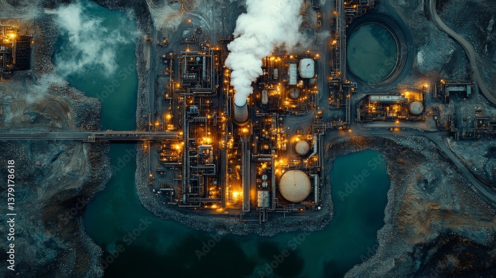 Poster aerial perspective of an energy generation site with intricate infrastructure featuring steam emissi