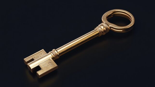 Golden antique key on dark background.  Possible use For design or advertising in the theme of antique, luxury, or craftsmanship