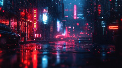 Futuristic City Night Rain Neon Lights Digital Illustration