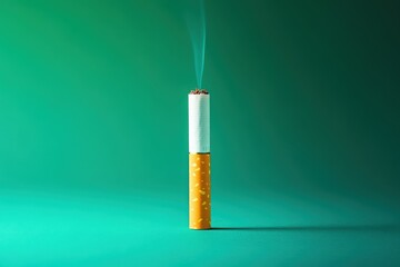 A lit cigarette with smoke rising on a green background