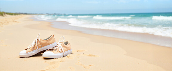 Obraz premium Summer sneakers resting on sandy beach under clear blue sky, relaxation