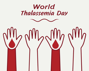 Obraz premium World Thalassemia Day: three hands showing support with blood drops.