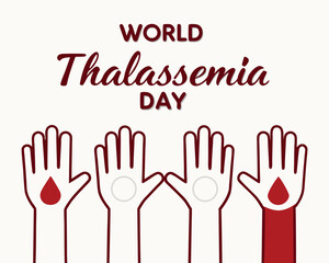 Obraz premium World Thalassemia Day: three hands showing support with blood drops.