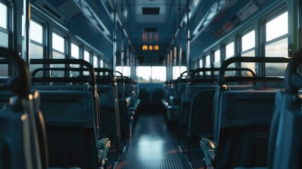 A silent school bus interior with rows of empty seats, a clean floor, and soft natural lighting 