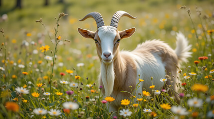 Obraz premium A vibrant scene of an Anglo Nubian goat in a flowering pasture, enhancing its natural beauty